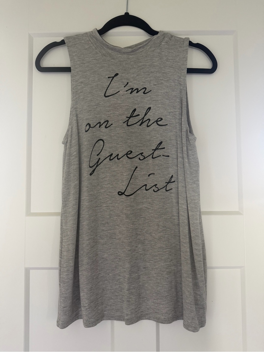 enough about me... Grey Sleeveless Tunic with Black Script